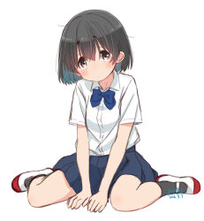  1girl ankle_socks artist_name between_legs black_hair black_socks blue_bow blue_bowtie blue_skirt blush bob_cut bow bowtie closed_mouth colored_inner_hair commentary dated dot_mouth dot_nose double-parted_bangs full_body grey_eyes grey_hair hair_between_eyes head_tilt looking_at_viewer multicolored_hair original pleated_skirt retsumaru school_uniform shirt shoes short_hair signature simple_background sitting skirt socks solo uwabaki wariza white_background white_shirt white_shoes 