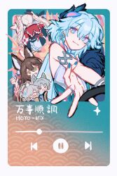  >_< 1boy 3girls :d @_@ animal_ears aqua_background aqua_dress aqua_nails armlet black_skirt blue_eyes border bracelet braid brown_hair checkered_sleeves commentary_request curtained_hair dress driving earrings english_text explosion feixiao_(honkai:_star_rail) fox_ears from_behind fugue_(honkai:_star_rail) fur_collar gradient_background green_eyes hair_between_eyes hair_over_one_eye hat high_ponytail highres honkai:_star_rail honkai_(series) jewelry jing_yuan long_bangs long_hair long_sleeves media_player_interface mini_hat multicolored_dress multicolored_eyes multiple_braids multiple_girls no_pupils orange_background pause_button peacock_feathers_hair_ornament ponytail portrait red_dress red_ribbon ribbon seigaiha silver_armlet silver_bracelet silver_ring skirt smile sparkle sparkle_(honkai:_star_rail) sparxie_(honkai:_star_rail) steering_wheel sweatdrop tassel tassel_earrings tingyun_(honkai:_star_rail) top_hat translation_request twintails two-tone_dress u_y_str v white_border white_dress white_hair white_skirt yao_guang_(honkai:_star_rail) yellow_eyes 