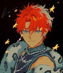  1boy akehoshi_subaru animal_print black_background black_shirt blue_eyes closed_mouth ensemble_stars! fur_jacket hair_between_eyes highres jacket leopard_print looking_at_viewer male_focus official_alternate_costume open_clothes open_jacket orange_hair parted_bangs portrait satomi_(gekiatsu_t7) shirt short_hair simple_background sleeveless sleeveless_shirt smile solo star_(symbol) turtleneck white_jacket 