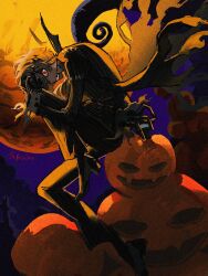  1boy asahina_sho coat commentary english_commentary full_moon gloves halloween highres huge_moon jack-o'-lantern looking_at_viewer male_focus mask moon night original pumpkin red_eyes signature sitting slouching solo suit 