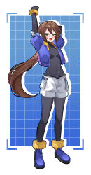  1girl absurdres aile_(mega_man_zx) bodysuit boots breasts brown_hair cargo_shorts commission commissioner_upload covered_navel eyelashes gloves green_eyes highres jacket long_bangs long_hair looking_at_viewer low_ponytail mechanical_ears mega_man_(series) mega_man_zx mega_man_zx_advent non-web_source open_clothes open_jacket open_mouth petite ponytail short-sleeved_jacket short_sleeves shorts simple_background small_breasts solo stretching thighs wayanfa white_shorts 