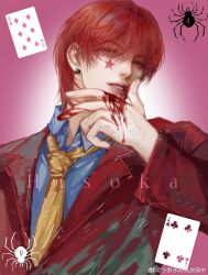  1boy blood blue_shirt bug card character_name chinese_commentary collared_shirt commentary_request covered_eyes earrings hair_between_eyes hand_up highres hisoka_morow holding hunter_x_hunter jacket jewelry long_sleeves looking_at_viewer male_focus necktie parted_lips playing_card red_hair red_jacket shirt short_hair simple_background solo spade_(shape) spade_earrings spider star_(symbol) suit_jacket teeth upper_body weibo_7231663297 wiping_blood yellow_eyes yellow_necktie 