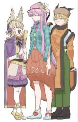  3girls aqua_shirt black_boots blonde_hair boots cape closed_eyes commentary detached_sleeves earphones english_commentary expressionless gold_sandals green_skirt grey_shirt hat hata_no_kokoro headpat height_difference highres long_hair looking_at_viewer mask mask_on_head matara_okina mbgb medium_hair multiple_girls orange_skirt orange_tabard pink_eyes pink_hair plaid_clothes plaid_shirt pointy_hair purple_cape purple_skirt red_cape sandals shirt skirt smile socks tabard touhou toyosatomimi_no_miko twitter_username two-tone_cape v white_background white_shirt white_socks 
