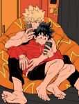  2boys artist_name bakugou_katsuki bare_arms barefoot bean_bag_chair black_shorts blonde_hair boku_no_hero_academia cellphone closed_mouth curtains flat_color freckles green_eyes green_hair holding holding_phone hood hoodie hug hug_from_behind indoors jewelry limited_palette looking_at_phone lying_on_person male_focus midoriya_izuku milmil_(wa_ten&#039;nendesu) multiple_boys phone red_eyes red_hoodie ring scar scar_on_hand shirt short_hair shorts sitting sleeveless sleeveless_shirt smartphone spiky_hair spread_legs v-shaped_eyebrows 