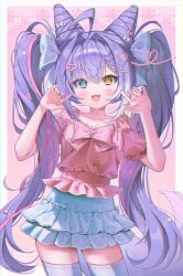  1girl absurdres ahoge animal_ears bare_shoulders blue_bow blue_eyes bow breasts chest_bow close-up commentary cone_hair_bun cowboy_shot double_bun fang flower fox_ears fox_girl frilled_shirt frilled_skirt frilled_sleeves frills hair_bow hair_bun hair_ears hair_flower hair_intakes hair_ornament hands_up heart heart_hair_ornament heterochromia highres ksup long_hair miniskirt multicolored_hair multiple_hair_bows nail_polish off-shoulder_shirt off_shoulder open_mouth pink_pupils purple_hair red_bow red_shirt shirt sidelocks skin_fang skirt small_breasts solo stellive streaked_hair tenko_shibuki thigh-highs twintails untranslatable_commentary very_long_hair virtual_youtuber white_skirt white_streaks white_thighhighs yellow_eyes yellow_pupils zettai_ryouiki 
