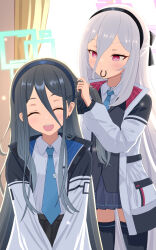  2girls :d ^_^ aqua_halo aris_(blue_archive) behind_another black_bow black_hair black_hairband black_skirt black_thighhighs blazer bloom blue_archive blue_jacket blue_necktie blush bow closed_eyes closed_mouth collared_shirt commentary_request cowboy_shot day dot_nose double-parted_bangs facing_viewer hair_between_eyes hair_bow hair_tie hair_tie_in_mouth hairband halo hands_up highres holding_another's_hair indoors jacket kei_(blue_archive) kei_(student)_(blue_archive) kurage-jellyfish long_hair long_hair_between_eyes looking_at_another loosely_tucked_bangs miniskirt mouth_hold multi-source_commentary multiple_girls necktie one_side_up open_clothes open_jacket open_mouth pink_eyes pink_halo pink_jacket pink_pupils rectangular_halo ringed_eyes shirt shirt_tucked_in siblings sisters skirt smile standing straight-on teeth thigh-highs twins two-sided_fabric two-sided_jacket tying_another's_hair upper_teeth_only very_long_hair white_hair white_jacket white_shirt window zettai_ryouiki 