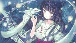  1girl 1other black_hair blue_background breasts character_request check_character check_copyright closed_mouth collared_shirt commission copyright_request dress grey_eyes japanese_clothes large_breasts long_hair long_sleeves looking_at_another miko monster official_art original purple_skirt shirt simple_background skirt solo_focus soriya upper_body virtual_youtuber white_dress 