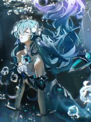  1girl absurdres artist_name bare_shoulders breasts choker closed_eyes crop_top cuffs earrings eyelashes fins floating_hair flower frilled_choker frills full_body genshin_impact gradient_hair green_hair grey_choker hair_flower hair_ornament hair_over_one_eye head_fins highres jewelry long_hair medium_breasts merfolk mermaid mochi_upamo monster_girl multicolored_hair necklace ocean open_mouth pearl_hair_ornament purple_hair single_earring solo tank_top tongue two-tone_hair underwater very_long_hair vodyanitsa_(genshin_impact) water_drop watermark wavy_hair white_flower white_tank_top 