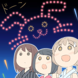  +_+ 3girls :d :o aerial_fireworks animal_print black_hair black_kimono blue_kimono blush brown_hair clenched_hands closed_mouth fireworks hair_ornament hairclip hands_up japanese_clothes juukyuu kimono long_hair low_twintails multiple_girls night original outdoors outline pink_kimono print_kimono rabbit_hair_ornament rabbit_print smile solid_circle_eyes striped_clothes striped_kimono twintails upper_body vertical-striped_clothes vertical-striped_kimono white_outline yukata 