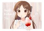  1girl blush brown_hair dated food framed fruit half_updo happy_birthday heart highres holding holding_spoon idolmaster idolmaster_cinderella_girls long_hair looking_at_viewer parfait shirt solo spoon strawberry strawberry_parfait tachibana_arisu teakettle_hot upper_body white_shirt 