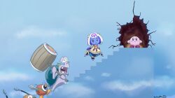  1girl colored_skin commentary english_commentary escargon fake_sky hammer highres holding holding_hammer holding_polearm holding_weapon kirby kirby:_right_back_at_ya! kirby_(series) kirby_and_the_world_beyond looking_at_another multicolored_hair mysterious_girl_(kirby_and_the_world_beyond) open_mouth polearm purple_hair purple_skin ratkingphix rayman_limbs signature spear star_(symbol) the_truman_show two-tone_hair waddle_dee waddle_doo weapon white_hair 