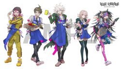  3boys 3girls ahoge alternate_hair_ornament animal_bag apron asymmetrical_legwear beanie black_scrunchie blue_apron blue_streaks breast_pocket cat_bag collared_jumpsuit collared_shirt commentary_request danganronpa_(series) danganronpa_2:_goodbye_despair diaper ear_piercing face_piercing green_jacket green_necktie hair_horns handheld_game_console hat highres hinata_hajime holding holding_handheld_game_console holding_stuffed_toy holding_wrench hood hood_down hooded_jacket jacket jumpsuit komaeda_nagito kuroume_(aihikarikuroume24) lip_piercing medium_hair messy_hair mioda_ibuki mismatched_legwear monomi_(danganronpa) mouth_piercing multicolored_hair multiple_boys multiple_girls multiple_piercings nanami_chiaki neck_ribbon neckerchief necktie official_art open_clothes open_jacket piercing pink_eyes pink_hair pink_neckerchief pink_ribbon pink_streaks pocket print_shirt promotional_art ribbon sample_watermark scrunchie sequential_piercings sharp_teeth shirt soda_kazuichi spaceship_hat_ornament streaked_hair striped_jumpsuit stuffed_toy teeth thigh-highs torn_clothes torn_thighhighs two-tone_shirt watermark white_streaks wrench wrist_scrunchie yellow_jumpsuit 