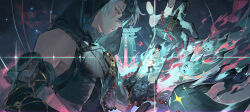  1boy absurdres age_comparison aojizesi arm_up black_gloves black_hair black_shirt closed_mouth elbow_gloves energy from_side gate gloves highres jingran_(wuthering_waves) lantern looking_at_another male_focus multiple_views shirt tacet_mark_(wuthering_waves) wuthering_waves yellow_eyes 