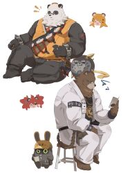  ! !! >_< 1boy 1girl 1other absurdres animal_ears bangboo_(zenless_zone_zero) barefoot bear_boy bear_ears ben_bigger black_fur black_pants black_tank_top blonde_hair brown_fur chinese_clothes chinese_commentary claws closed_mouth commentary_request furry furry_male glasses hard_hat helmet highres holding holding_paper hu_wei_(zenless_zone_zero) jacket ju_fufu koleda_belobog looking_to_the_side multicolored_fur non-humanoid_robot open_mouth pan_yinhu panda_boy panda_ears pants paper pawpads pointing pointing_at_self rabbit_ears reading robot round_eyewear safety_(zenless_zone_zero) shirt sitting smile squiggle tank_top tiger_ears tiger_stripes white_background white_fur white_jacket white_pants yellow_shirt zenless_zone_zero zhymao 