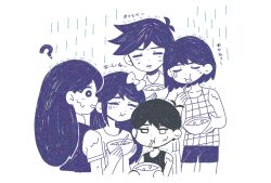  2girls 3boys ? antenna_hair aubrey_(headspace)_(omori) aubrey_(omori) basil_(headspace)_(omori) basil_(omori) black_theme bow bowl brother_and_sister brothers closed_eyes closed_mouth collared_shirt commentary_request double-parted_bangs eating hair_behind_ear hair_between_eyes hair_bow hero_(headspace)_(omori) hero_(omori) highres holding holding_bowl holding_spoon kel_(headspace)_(omori) kel_(omori) long_hair mari_(headspace)_(omori) mari_(omori) multiple_boys multiple_girls multiple_monochrome omori omori_(omori) parted_lips purple_theme shirotsume_143 shirt short_sleeves shorts siblings sidelocks spoon tank_top translation_request utensil_in_mouth 