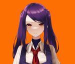  1girl absurdres bartender collared_shirt frown highres jill_stingray long_hair necktie orange_background orange_eyes portrait purple_hair purple_vest red_necktie shirt sidelocks simple_background solo twintails va-11_hall-a vest white_shirt yanagui 