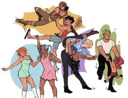  afro antlers bezzydraws black_hair blonde_hair blue_hair commentary curly_eyebrows dancing dark-skinned_female dark-skinned_male dark_skin english_commentary green_hair highres horns long_nose monkey_d._luffy multiple_boys multiple_girls nami_(one_piece) nefertari_vivi nico_robin one_piece orange_hair reindeer reindeer_antlers reindeer_boy roronoa_zoro sanji_(one_piece) straw_hat_pirates tony_tony_chopper usopp 