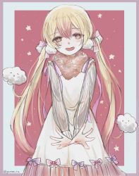  1girl blush commentary_request dress gamo_tako hair_ornament long_dress long_hair looking_at_viewer mahou_shoujo_ikusei_keikaku mahou_shoujo_ikusei_keikaku_unmarked multicolored_hair nemurin orange_eyes ribbon smile 