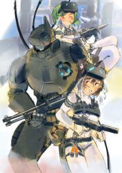  1boy 2girls absurdres animal_ears armband armor armored_collar b&amp;t_mp9 benelli_m4 bodysuit border brown_eyes brown_hair cat_ears cat_tail chest_guard city cruncle02 cyberpunk english_text facing_viewer foregrip glowstick green_hair gun h&amp;k_mp7 head-mounted_display highres holding holding_gun holding_weapon leaning_on_person light_blush load-bearing_vest mecha multiple_girls original power_armor pump_action radio_antenna red_eyes reflex_sight robot scar scar_on_face science_fiction short_hair shotgun smile submachine_gun suppressor tactical_clothes tail veil vertical_foregrip weapon white_bodysuit white_border 