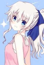  1girl arms_behind_back blue_background blue_eyes blue_ribbon blush camisole charlotte_(anime) closed_mouth commentary eyes_visible_through_hair from_behind grey_hair hair_between_eyes hair_ribbon highres kumaron long_hair looking_at_viewer looking_back pink_shirt ponytail ribbon shirt sidelocks simple_background sleeveless sleeveless_shirt smile solo sparkle split_mouth tomori_nao upper_body white_camisole 