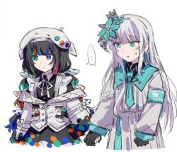  ... 2girls alternate_color armband beret black_shirt blue_armband blue_eyes blue_flower blue_necktie blue_skirt bow capelet closed_mouth collared_shirt colored_tips commentary_request contrast_collar crown dot_nose flower green_eyes hair_bow hair_flower hair_ornament hat heterochromia holding_hands inverted_colors jacket jacket_partially_removed jogasaki_noah layered_skirt long_hair long_skirt long_sleeves mahou_shoujo_no_majo_saiban mini_crown multi-tied_hair multicolored_eyes multicolored_hair multiple_girls neck_ribbon necktie nikaido_hiro off_shoulder overskirt plaid_clothes plaid_necktie plaid_skirt pleated_skirt polka_dot polka_dot_bow polka_dot_skirt ribbon rice125789 shirt side_capelet simple_background skirt spoken_ellipsis streaked_hair white_background white_capelet white_hair white_hat white_jacket white_shirt white_skirt yuri 