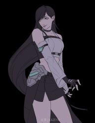  1girl absurdres artist_name bare_shoulders black_background black_choker black_gloves black_hair black_skirt breasts chest_harness choker closed_mouth collarbone crop_top detached_sleeves earrings english_commentary feet_out_of_frame final_fantasy final_fantasy_vii final_fantasy_vii_remake final_fantasy_vii_revelation fingerless_gloves gloves harness highres jewelry kazeya long_hair looking_to_the_side medium_breasts midriff miniskirt official_alternate_costume red_eyes skirt solo standing swept_bangs tank_top thighs tifa_lockhart tifa_lockhart_(black_mage) very_long_hair white_sleeves white_tank_top 