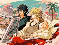 2boys arm_around_shoulder arm_tattoo bandage_on_face bandaged_hand bandages bird black_hair black_shirt blonde_hair blue_sky brown_tank_top car cigarette commentary hair_between_eyes highres holding holding_cigarette jacket lengyueqitong long_sleeves madarame_kei male_focus medium_hair mixed-language_commentary motor_vehicle multiple_boys open_clothes open_jacket outdoors palm_tree shirt short_sleeves sky slow_damage smoking tank_top tattoo towa_(slow_damage) tree white_jacket yellow_eyes 