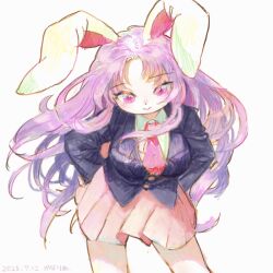  1girl animal_ears artist_name black_jacket blazer blush breasts buttons canariadraw closed_mouth collared_shirt commentary_request cowboy_shot dated hands_on_own_hips highres jacket large_breasts leaning_forward long_hair long_sleeves looking_at_viewer miniskirt necktie one-hour_drawing_challenge parted_bangs pink_eyes pink_necktie pink_skirt pleated_skirt purple_hair rabbit_ears rabbit_girl reisen_udongein_inaba shirt simple_background skirt smile solo standing thighs touhou very_long_hair white_background white_shirt wing_collar 