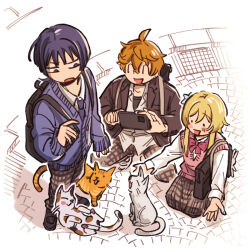  ._. 1girl 2boys ahoge alternate_costume arm_at_side backpack bag black_bag black_jacket black_shirt black_shoes blazer blonde_hair blue_flower blunt_ends bow bowtie brown_pants brown_skirt cardigan cat cellphone checkered_clothes checkered_pants checkered_skirt choppy_bangs closed_eyes collared_shirt contemporary facing_animal fingernails flower from_above full_body genshin_impact grey_cat hair_flower hair_ornament hand_up highres holding holding_phone jacket lapels layered_shirt looking_at_animal lumine_(genshin_impact) multiple_boys necktie notched_lapels open_clothes open_hands open_jacket open_mouth orange_cat orange_hair outstretched_arms pants phone pink_bow pink_bowtie pink_sweater_vest purple_cardigan purple_hair purple_necktie purple_sleeves scaramouche_(genshin_impact) school_uniform shirt shoes short_hair short_hair_with_long_locks shoulder_bag sidelocks skirt sleeves_past_wrists smartphone spread_arms squatting sweater_vest tabby_cat taka35_35 taking_picture tartaglia_(genshin_impact) undershirt violet_eyes white_background white_cat white_shirt white_shoes 