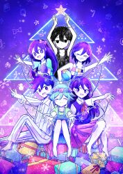  +_+ 2girls 4boys absurdres antenna_hair arms_up aubrey_(headspace)_(omori) aubrey_(omori) ball barefoot basil_(headspace)_(omori) basil_(omori) black_eyes black_hair black_tank_top blue_shirt blush bow box bright_pupils brother_and_sister brothers checkered_clothes christmas_lights christmas_tree closed_eyes closed_mouth collarbone collared_pajamas collared_shirt colored_skin commentary double-parted_bangs english_commentary flower flower_wreath gift gift_box green_hair grin hair_between_eyes hair_bow head_wreath hero_(headspace)_(omori) hero_(omori) highres holding holding_ball holding_stuffed_toy kel_(headspace)_(omori) kel_(omori) long_hair long_sleeves looking_at_viewer mari_(headspace)_(omori) mari_(omori) mr._plantegg_(omori) multiple_boys multiple_girls neckerchief omori omori_(omori) open_mouth pajamas pants pink_bow pleated_skirt purple_hair red_neckerchief red_skirt sakakien shirt short_hair short_sleeves siblings sidelocks sitting skirt smile striped_clothes striped_pajamas striped_pants stuffed_eggplant stuffed_toy t-shirt tank_top teeth vertical-striped_clothes vertical-striped_pajamas vertical-striped_pants violet_eyes white_pants white_pupils white_shirt white_skin 