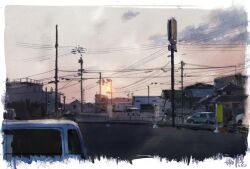  architecture border building car clouds commentary_request east_asian_architecture evening fading_border gradient_sky grey_sky house lamppost motor_vehicle orange_sky original outdoors power_lines railing road scenery sign signature sky sun sunset utility_pole white_border yk_funa 