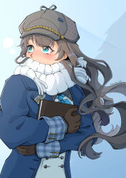  artist_name blue_background blue_coat blue_eyes blue_neckerchief brown_gloves brown_hair coat commentary covered_mouth dress english_commentary gloves grey_hat hat hayde_ink holding holding_notebook long_hair looking_to_the_side marcus_(reverse:1999) mole mole_under_eye neckerchief newsboy_cap notebook reverse:1999 scarf scarf_over_mouth steam_from_mouth white_dress white_scarf 