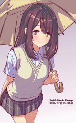  1girl arm_behind_back blue_eyes blue_shirt breasts brown_hair brown_sweater_vest closed_mouth collared_shirt commentary_request copyright_name cowboy_shot dated dress_shirt fingernails green_eyes grey_background grey_skirt highres holding holding_umbrella jagi_(jagi_souken) leaning_forward light_blush long_fingernails long_hair looking_at_viewer multicolored_eyes nail_polish plaid_clothes plaid_skirt pleated_skirt school_uniform shirt short_sleeves side_part skirt small_breasts smile solo standing sweater_vest thighs_together toki_ayano two-tone_eyes umbrella umbrella_over_shoulder yellow_nails yurucamp 