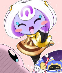  1girl ^_^ absurdres artist_name black_eyes black_gloves black_pantyhose blush blush_stickers bob_cut cartoonagent cloak closed_eyes colored_skin commentary_request facing_another fingerless_gloves gloves gold hands_clasped_in_delight hands_up happy highres imagining kirby kirby_(series) kirby_and_the_world_beyond legs_together looking_at_another magolor marx_(kirby) multicolored_hair mysterious_girl_(kirby_and_the_world_beyond) open_mouth outline own_hands_together pantyhose pink_background purple_hair purple_skin rayman_limbs short_hair sidelocks signature simple_background smile solo_focus sparkle speech_bubble thought_bubble trait_connection twitter_username two-sided_cloak two-sided_fabric two-tone_hair white_hair white_outline yellow_cloak 