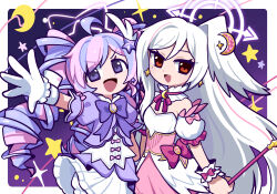  2girls :d ahoge bare_shoulders bloomers blue_archive blue_hair border bow bowtie breasts brooch commentary_request corset cowboy_shot crescent crescent_hair_ornament crescent_moon cropped_jacket detached_sleeves drill_hair earrings feathered_wings frilled_skirt frilled_wrist_cuffs frills gloves hair_ornament halo head_wings highres holding holding_staff jacket jewelry long_hair looking_at_viewer magical_girl mole mole_under_eye moon multicolored_hair multiple_girls official_alternate_costume official_alternate_hairstyle open_hand open_mouth outside_border outstretched_arm pink_corset pink_hair pink_halo pink_skirt puffy_detached_sleeves puffy_short_sleeves puffy_sleeves purple_background purple_bow purple_bowtie purple_jacket red_eyes reisa_(blue_archive) reisa_(magical)_(blue_archive) shirt short_sleeves single_head_wing skirt small_breasts smile sparkle staff star_(symbol) star_earrings star_hair_ornament star_halo suzumi_(blue_archive) suzumi_(magical)_(blue_archive) twin_drills twintails two-tone_hair v-shaped_eyebrows violet_eyes white_border white_gloves white_hair white_shirt white_skirt wing_hair_ornament wings wrist_cuffs yusa_(be2001) 