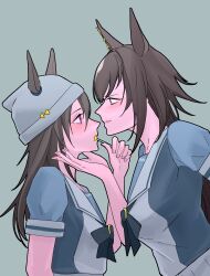  2girls animal_ears beanie blue_background blue_bow blue_bowtie blue_shirt bow bowtie breasts brown_hair candy closed_mouth commentary_request ears_through_headwear food grey_hat hand_on_another's_chin hat highres horse_ears horse_girl lollipop long_hair looking_at_another medium_breasts multiple_girls nakayama_festa_(umamusume) pappi profile school_uniform shirt short_sleeves simple_background sirius_symboli_(umamusume) tracen_school_uniform umamusume upper_body violet_eyes yuri 