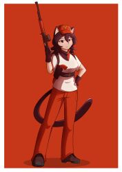  1girl ak-47 alunya anarcho-communism animal_ears artist_request assault_rifle belt black_hair black_tail boots cat_ears cat_girl drawfag full_body gun hat high-waist_belt highres holding holding_weapon holstered kalashnikov_rifle long_hair original pants peaked_cap red_boots red_pants revolver rifle smile solo weapon 