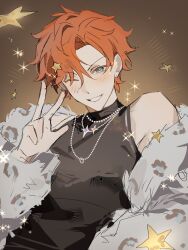  1boy akehoshi_subaru animal_print bead_necklace beads black_shirt blue_eyes blush brown_background commentary ensemble_stars! fur_jacket hair_between_eyes hair_ornament highres jacket jewelry leopard_print male_focus multiple_necklaces necklace official_alternate_costume one_eye_closed open_clothes open_jacket orange_hair parted_bangs ring ring_necklace shirt short_hair simple_background sleeveless sleeveless_shirt smile solo star_(symbol) star_hair_ornament tok81_01 turtleneck turtleneck_shirt untranslatable_commentary w white_jacket 
