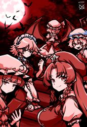  5girls absurdres apron arianne20131 ascot back_bow bat_(animal) bat_wings beret black_bow book bow braid closed_mouth collared_shirt commentary crescent crescent_hat_ornament dress embodiment_of_scarlet_devil english_commentary flandre_scarlet frilled_shirt_collar frills hair_bow hat hat_ornament hat_ribbon highres holding holding_book holding_pocket_watch hong_meiling izayoi_sakuya long_hair looking_at_viewer maid maid_headdress mob_cap moon multiple_girls neck_ribbon patchouli_knowledge pocket_watch puffy_short_sleeves puffy_sleeves remilia_scarlet ribbon shirt short_sleeves smile star_(symbol) star_hat_ornament touhou twin_braids variant_set vest waist_apron watch white_shirt wings 
