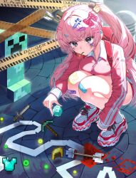  1girl arrow_(projectile) backpack bag bandaid bandaid_on_face bandaid_on_knee bandaid_on_leg bare_legs blood bow buruma caution_tape cigarette commentary creeper crime_scene diamond_(minecraft) english_commentary full_body gem grey_eyes hair_bow hair_ornament helmet highres holding holding_gem kabu_(niniko2ko) keep_out long_hair long_sleeves looking_at_viewer minecraft pickaxe pink_hair pink_track_suit randoseru red_bag red_buruma red_shoes shoes smoking socks solo squatting steve_(minecraft) sunlight sword track_suit twintails unworn_armor unworn_headwear unworn_helmet weapon white_shoes white_socks zipper zipper_pull_tab 