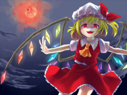 1girl blonde_hair clouds cloudy_sky commentary_request crystal_wings fangs flandre_scarlet hat mob_cap moon outstretched_arms oyuki_(otozuki_mozuku) red_eyes red_moon red_vest ribbon shirt short_sleeves side_ponytail sky spread_arms touhou vampire vest white_shirt wings 