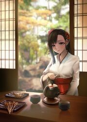  1girl absurdres breasts brown_hair chawan cherry_blossoms commentary_request commission commissioner_upload dango earrings final_fantasy final_fantasy_vii flower food green_tea hair_flower hair_ornament highres holding holding_teapot japanese_clothes jewelry kimono large_breasts light_blush light_smile long_hair long_sleeves mitarashi_dango mixed-language_commentary obi pixiv_commission red_eyes sash shouji skewer sliding_doors solo swept_bangs taaakaaaa table tea teapot tifa_lockhart wagashi white_kimono wide_sleeves 