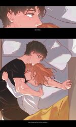 1boy 1girl absurdres bed bed_sheet black_shirt blanket brown_hair commentary couple english_commentary english_text hetero highres jean_grey marvel on_bed peter_parker red_hair shirt sleepy_almn spider-man:_brand_new_day spider-man_(series) white_shirt x-men