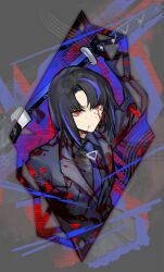  1girl black_hair black_skirt blood blood_on_clothes blood_on_face blue_necktie blue_streaks commentary_request holding holding_sword holding_weapon katana limbus_company medium_hair multicolored_hair necktie nishikujic pinky_(identity)_(project_moon) project_moon ryoshu_(project_moon) sheath skirt streaked_hair suit sword tie_clip unsheathing weapon 