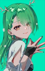  1girl absurdres antlers aqua_gem black_gloves braid braided_bangs breasts bridal_gauntlets ceres_fauna ceres_fauna_(1st_costume) closed_mouth clothing_cutout commentary earrings eyes_visible_through_hair eyeshadow flower from_side gem gloves gold_ring green_background green_hair green_nails hair_flower hair_ornament highres hololive hololive_english horns jewelry large_breasts leaf lipstick long_hair looking_at_viewer makeup maymea mole mole_under_eye nail_polish parted_bangs ring simple_background smile solo steepled_fingers stick virtual_youtuber wide_sleeves yellow_eyes 