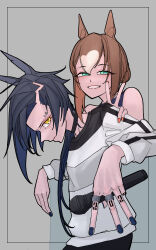  2girls absurdres air_shakur_(umamusume) alternate_costume animal_ears black_hair black_nails blush brown_hair commentary_request eyebrow_piercing face_piercing fine_motion_(umamusume) fingernails green_eyes grin hair_bun hand_on_another's_shoulder highres holding holding_microphone horse_ears horse_girl long_hair long_sleeves looking_at_viewer microphone multiple_girls pappi piercing red_nails shirt short_hair single_hair_bun smile striped_clothes striped_shirt umamusume upper_body white_shirt yellow_eyes 