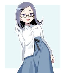 1girl absurdres black_hair blue_eyes breast_pocket breasts collared_shirt commentary cowboy_shot flipped_hair glasses hair_ornament hairclip hamukai_meniko highres long_skirt looking_at_viewer manimani_(mani_ma) medium_hair monogatari_(series) naoetsu_high_school_uniform open_mouth pocket ribbon school_uniform semi-rimless_eyewear shinobumonogatari shirt shirt_partially_tucked_in simple_background skirt small_breasts smile solo under-rim_eyewear white_background white_shirt x_hair_ornament 