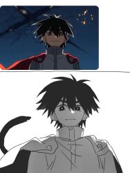  1boy 6a9afc6d absurdres black_eyes black_hair bright_pupils cape cat_tail false_memory grey_shirt high_collar highres male_focus protagonist_halo red_cape reference_inset shirt simple_background tail white_background white_pupils 