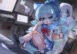  1girl absurdres ahoge bandaid bandaid_on_knee bandaid_on_leg black_shoes blue_bow blue_eyes blue_hair blue_sailor_collar blue_skirt blush bow can cellphone chair chinese_commentary cirno cirno_day commentary_request computer_keyboard desk detached_wings drawing_tablet drink_can gaming_chair hair_between_eyes hair_bow hair_ornament highres holding holding_phone hxj_(2324184595) ice ice_wings indoors large_variant_set looking_at_viewer mary_janes medium_hair monitor on_chair open_mouth phone pointy_ears sailor_collar shirt shoes sitting skirt smartphone smile socks solo swivel_chair touhou variant_set watch watch white_shirt white_socks wings 