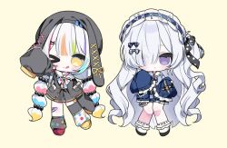  >_o 2girls asymmetrical_footwear bandaid bandaid_on_face black_jacket black_ribbon black_shoes black_skirt black_socks black_thighhighs blue_hairband blue_jacket bow chibi colored_tips dot_nose frilled_hairband frills gothic_lolita hair_over_one_eye hair_ribbon hairband jacket jacket_partially_removed jogasaki_noah lolita_fashion lolita_hairband long_hair looking_at_viewer mahou_shoujo_no_majo_saiban multi-tied_hair multicolored_hair multiple_girls natsume_an-an off_shoulder official_alternate_costume one_eye_closed one_side_up polka_dot polka_dot_bow polka_dot_ribbon purple_shirt ribbon rita_for shirt shoes simple_background single_thighhigh skirt sleeves_past_fingers sleeves_past_wrists socks streaked_hair thigh-highs tongue tongue_out violet_eyes white_hair white_socks yellow_background yellow_eyes 